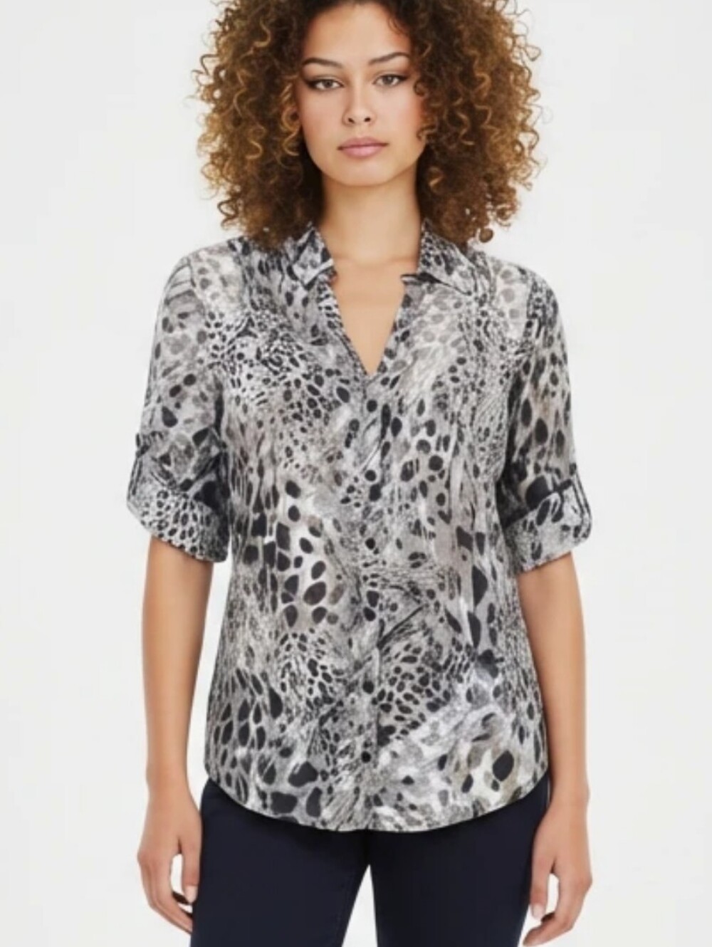 Gloria Vanderbilt Animal Print Pintuck Roll-Tab Tunic Blouse (Size XXL)